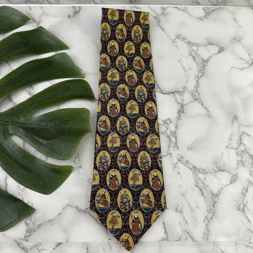 Kieselstein Cord Mens Vintage 90s Silk Neck Tie Tan Brown Knights Royalty Italy